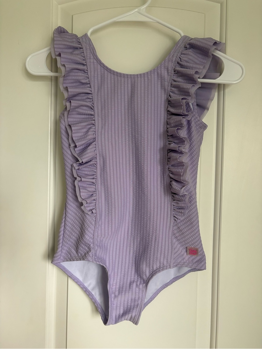 Rufflebutts Girls Lavender Seersucker Waterfall Swimsuit - Size 7